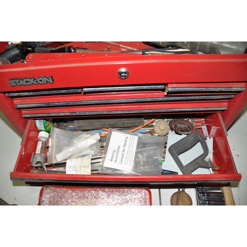 1067 - A STACK ON METAL MECHANICS CHEST containing various tools and hardware including long sockets , a pa... 