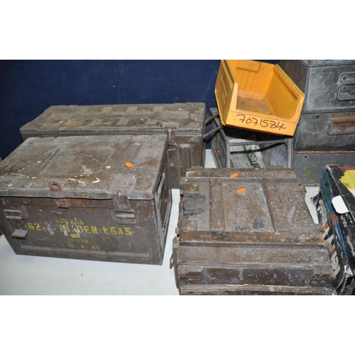 1071 - TWO METAL AND ONE WOODEN AMMO BOXES along with nine metal workshop trays and various plastic worksho... 