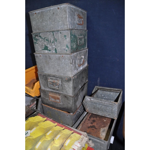 1071 - TWO METAL AND ONE WOODEN AMMO BOXES along with nine metal workshop trays and various plastic worksho... 