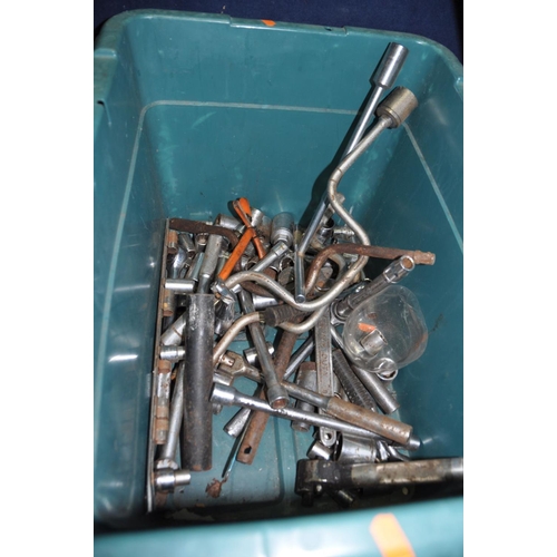 1081 - A COLLECTION OF MECHANICS TOOLS including a wheeled Creeper, a trolley jack, impact sockets, an adju... 