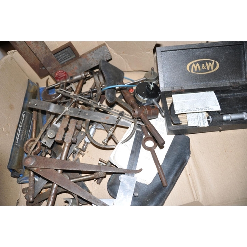 1082 - TWO SMALL TRAYS CONTAINING WOOD CHISEL and Gouges, Engineering test equipment including Rabone and C... 