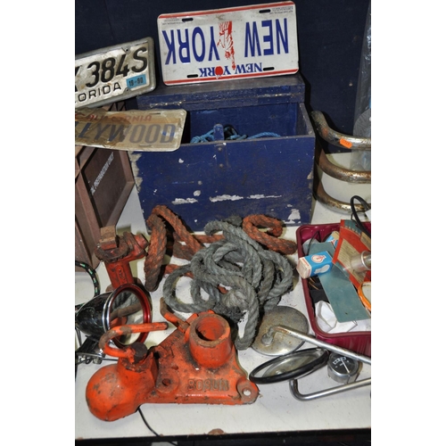 1085 - A COLLECTION OF VINTAGE CAR AND MOTORCYCLE PARTS including air horns, Indicator and taillights, mirr... 