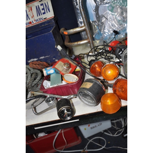 1085 - A COLLECTION OF VINTAGE CAR AND MOTORCYCLE PARTS including air horns, Indicator and taillights, mirr... 