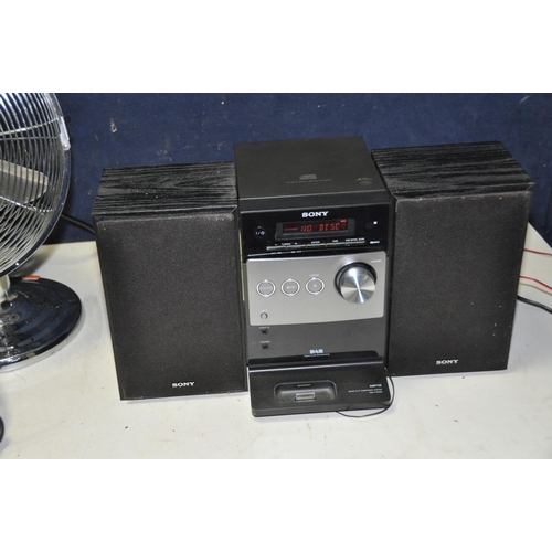 1099 - A SONY HCD-FX350I HI FI with iPod dock and matching speakers, a Challenge Desk fan and a Karcher K25... 