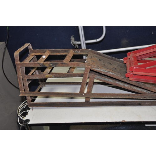 1129 - TWO PAIRS OF CAR RAMPS and a vintage Mini Clubman roof rack  width 110cm between fixings but adjusta... 