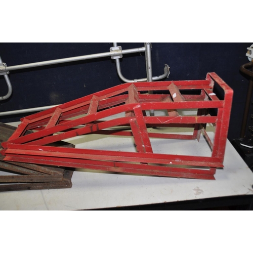 1129 - TWO PAIRS OF CAR RAMPS and a vintage Mini Clubman roof rack  width 110cm between fixings but adjusta... 