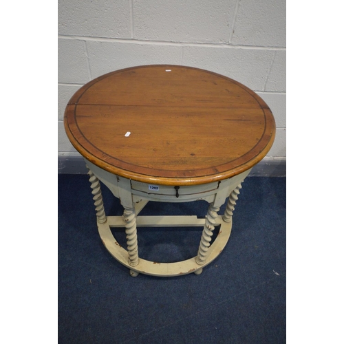 1202 - A PARTIALLY PAINTED AND FRUITWOOD TOPPED DROP END SIDE TABLE, with a single drawer, on barley twist ... 