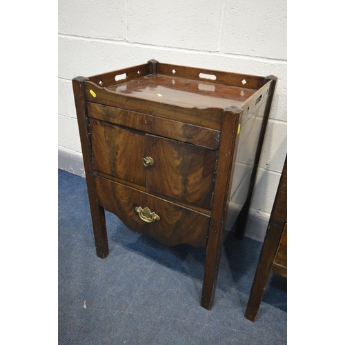 1205 - A GEORGIAN MAHOGANY TRAY TOP COMMODE, with single door and two drawers, width 56cm x depth 48cm x he... 