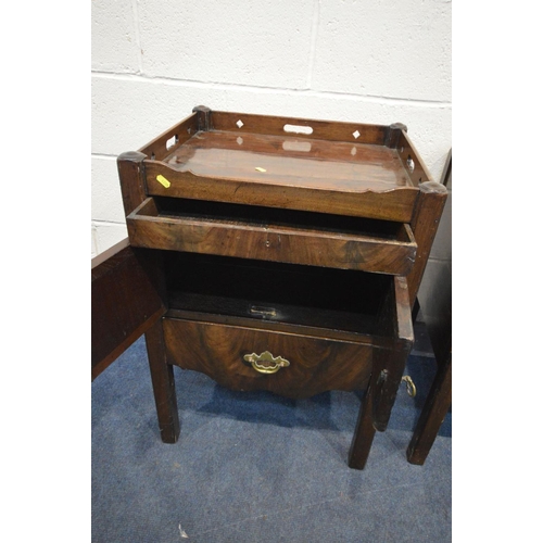 1205 - A GEORGIAN MAHOGANY TRAY TOP COMMODE, with single door and two drawers, width 56cm x depth 48cm x he... 