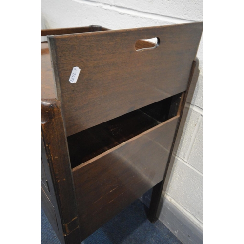 1205 - A GEORGIAN MAHOGANY TRAY TOP COMMODE, with single door and two drawers, width 56cm x depth 48cm x he... 