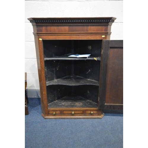 1208 - A GEORGIAN OAK CORNER CUPBOARD, small reproduction drop leaf occasional table, oak needlework fire s... 