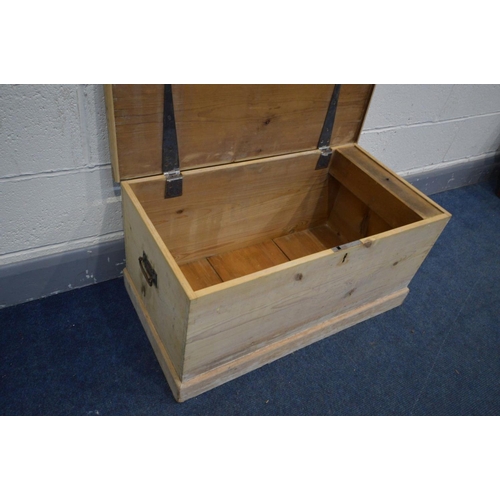 1209 - A VICTORIAN PINE BLANKET BOX, with strap hinges and a candle box, with Art Nouveau handles, width 84... 