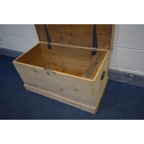 1209 - A VICTORIAN PINE BLANKET BOX, with strap hinges and a candle box, with Art Nouveau handles, width 84... 