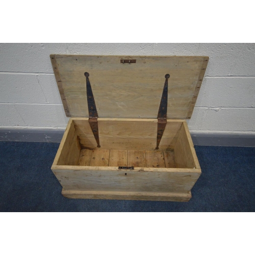 1210 - A VICTORIAN PINE BLANKET BOX, with strap hinges, width 83cm x depth 40cm x height 38cm (missing one ... 