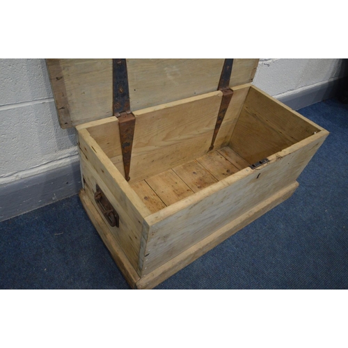 1210 - A VICTORIAN PINE BLANKET BOX, with strap hinges, width 83cm x depth 40cm x height 38cm (missing one ... 