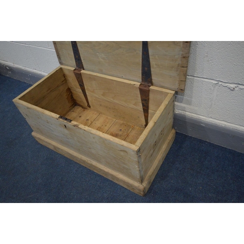 1210 - A VICTORIAN PINE BLANKET BOX, with strap hinges, width 83cm x depth 40cm x height 38cm (missing one ... 