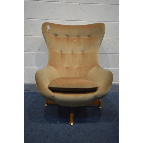 1211 - A GREAVES AND THOMAS SWIVEL EGG CHAIR, gold upholstered on a teak base (this chair does not comply w... 