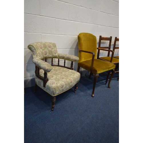 1226 - AN EDWARDIAN MAHOGANY TUB CHAIR with a scrolled back, a mahogany open armchair, four Edwardian chair... 