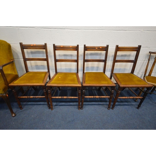 1226 - AN EDWARDIAN MAHOGANY TUB CHAIR with a scrolled back, a mahogany open armchair, four Edwardian chair... 