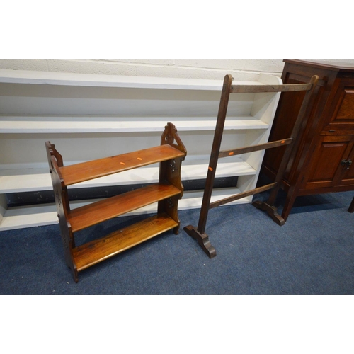 1228 - AN EDWARDIAN MAHOGANY THREE TIER WALL SHELF, along with a mahogany hi-fi cabinet, a painted three ti... 