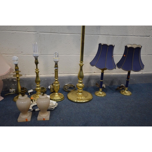 1230 - TEN VARIOUS LIGHTS, to include a brass standard lamp, a pair of blue and brass table lamps, three br... 