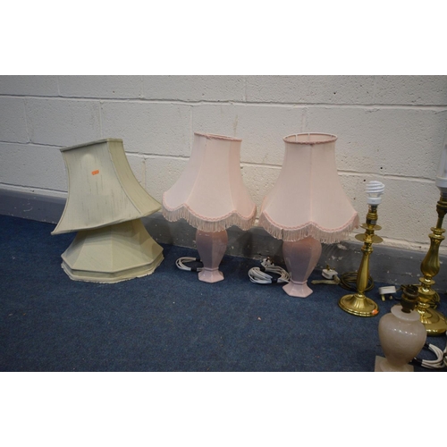 1230 - TEN VARIOUS LIGHTS, to include a brass standard lamp, a pair of blue and brass table lamps, three br... 