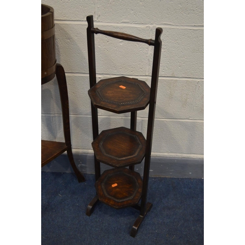 1235 - A LISTER OF DURSLEY COOPERED AND COPPER BANDED PLANTER ON STAND together with a three tier folding c... 