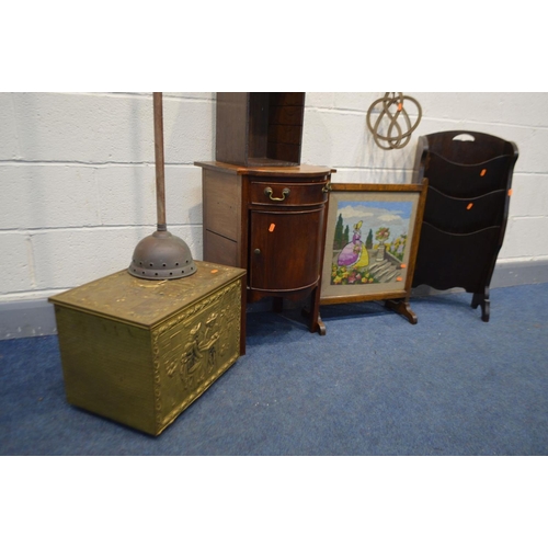 1236 - A GEORGIAN MAHOGANY BOWFRONT BEDSIDE CABINET (Sd) along with an oak magazine rack, oak cabinet, fire... 