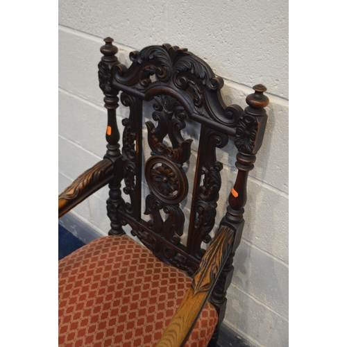 1239 - AN 20TH CENTURY OR POSSIBLY EARLIER OAK WAINSCOT CHAIR, with open arm rests and foliate decoration, ... 