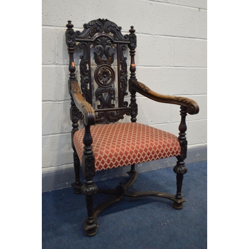 1239 - AN 20TH CENTURY OR POSSIBLY EARLIER OAK WAINSCOT CHAIR, with open arm rests and foliate decoration, ... 