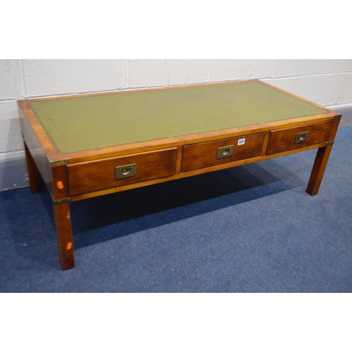 1241 - A REPRODUCTION YEW WOOD AND BRASS BOUND CAMPAIGN STYLE RECTANGULAR COFFEE TABLE, green leather inlay... 