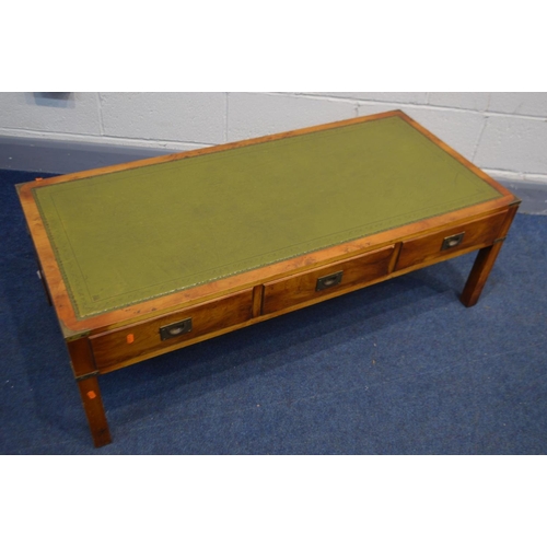 1241 - A REPRODUCTION YEW WOOD AND BRASS BOUND CAMPAIGN STYLE RECTANGULAR COFFEE TABLE, green leather inlay... 