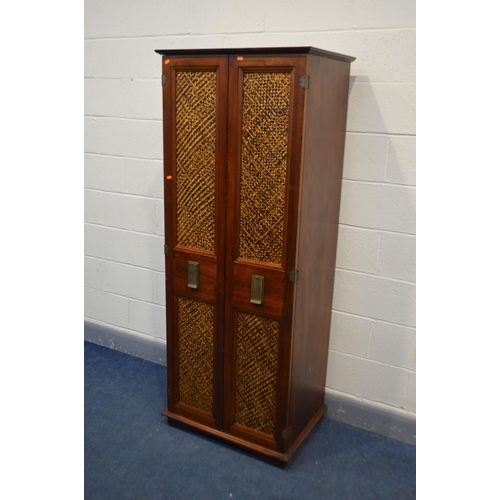 1242 - A MODERN HARDWOOD DOUBLE DOOR CABINET, woven rattan effect panelled doors, width 73cm x depth 51cm x... 