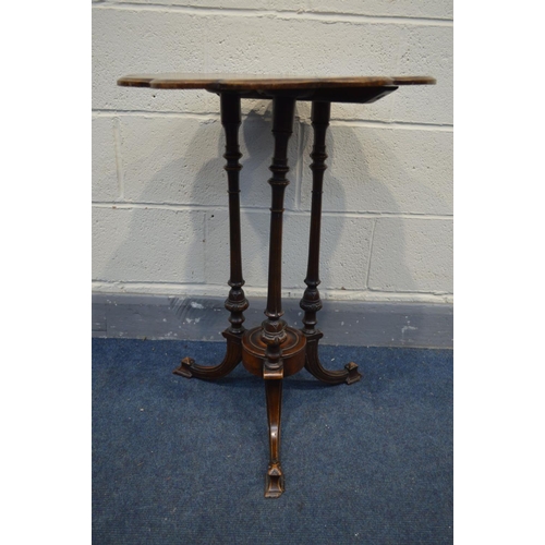 1243 - AN LATE VICTORIAN WALNUT TRIPOD TABLE, with a carved wavy top, triple supports and splayed legs, dia... 