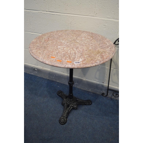 1246 - A CIRCULAR MARBLE TOP PUB TABLE, on a black cast iron stand, diameter 60cm x height 76cm, together w... 