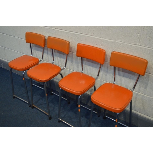 1248 - A SET OF FOUR VINTAGE KERON CHAIRS, covered in orange upholstery, labelled to underside