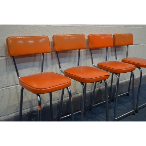 1248 - A SET OF FOUR VINTAGE KERON CHAIRS, covered in orange upholstery, labelled to underside