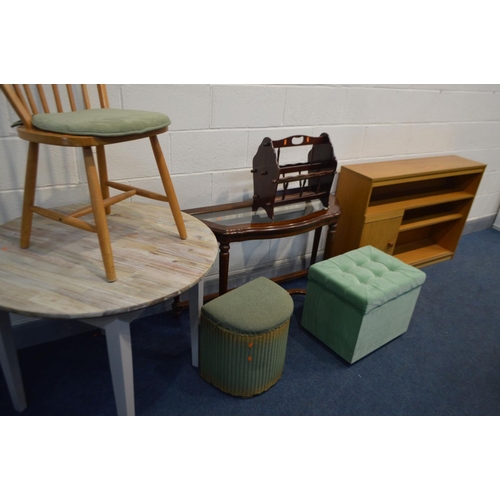 1259 - A TEAK EFFECT BOOKCASE with glass sliding doors, modern mahogany glass top side table, magazine rack... 