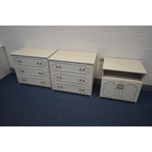 1265 - A NEAR PAIR CREAM FRENCH STYLE CHERST OF THREE LONG DRAWERS, the deepest, width 78cm and a matching ... 