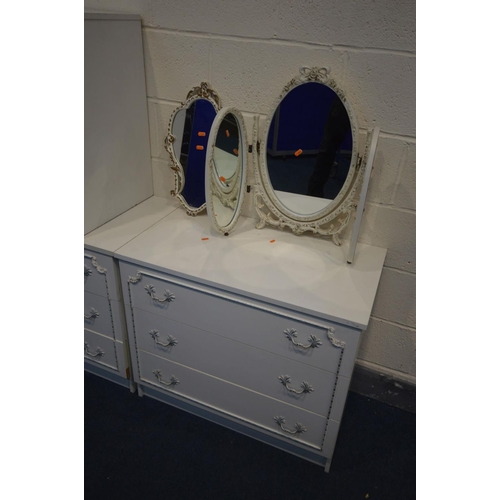 1266 - A PAIR OF WHITE FRENCH STYLE CHEST OF THREE DRAWERS, a three drawer bedside cabinet and a triple dre... 