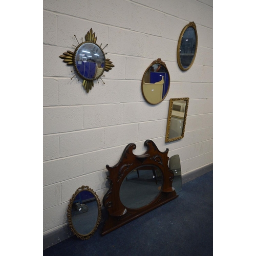 1273 - A COLLECTION OF WALL MIRRORS to include a Victorian style mahogany mantle mirror with a swan neck pe... 