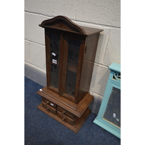 1278 - A SMALL HARDWOOD TWO DOOR CABINET, width 36cm x depth 31cm x height 65cm, hanging wall cabinet and  ... 