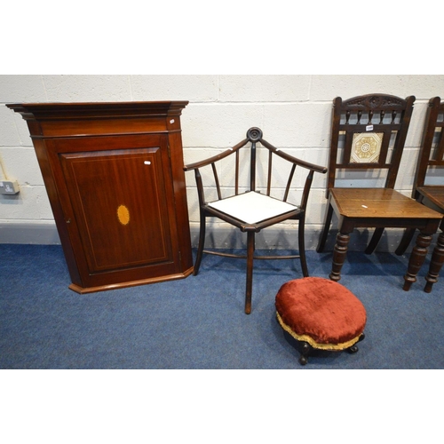 1289 - A PAIR OF EDWARDIAN OAK CHAIRS, with spindles below arched top rail, square ceramic panel to splat, ... 