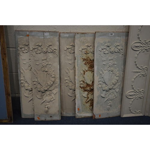 1292 - TEN VARIOUS DISTRESSED DECORATIVE PANELS, of various sizes, ages and designs, to include five gesso ... 