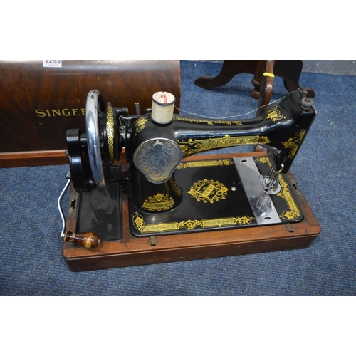 1293 - A MAHOGANY CASED SINGER SEWING MACHINE together with two reproduction wine tables (3)