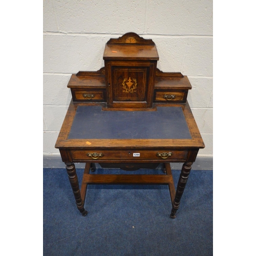 1294 - AN EDWARDIAN ROSEWOOD, MARQUETRY INLAID AND STRUNG WORK TABLE, the raised back with two drawer flank... 