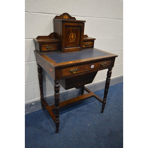 1294 - AN EDWARDIAN ROSEWOOD, MARQUETRY INLAID AND STRUNG WORK TABLE, the raised back with two drawer flank... 