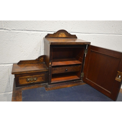 1294 - AN EDWARDIAN ROSEWOOD, MARQUETRY INLAID AND STRUNG WORK TABLE, the raised back with two drawer flank... 