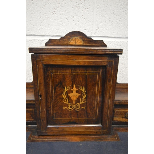 1294 - AN EDWARDIAN ROSEWOOD, MARQUETRY INLAID AND STRUNG WORK TABLE, the raised back with two drawer flank... 