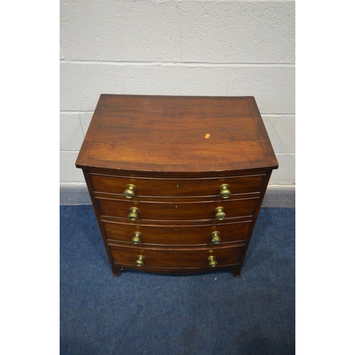 1295 - A 20TH CENTURY GEORGIAN STYLE MAHOGANY AND CROSSBANDED BOW FRONT BACHELORS CHEST, of four  drawers, ... 